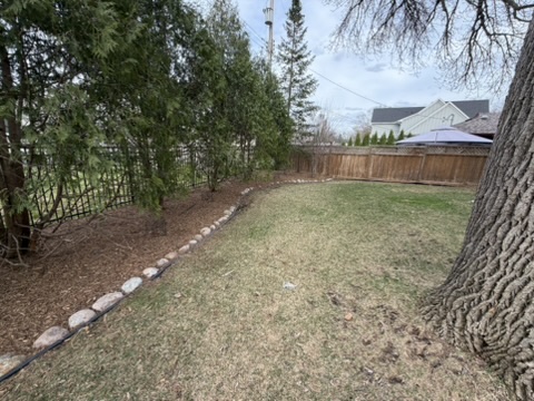 Backyard mulch bed with stone border
