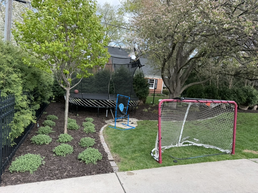Mulched bed with new plantings along a fence line